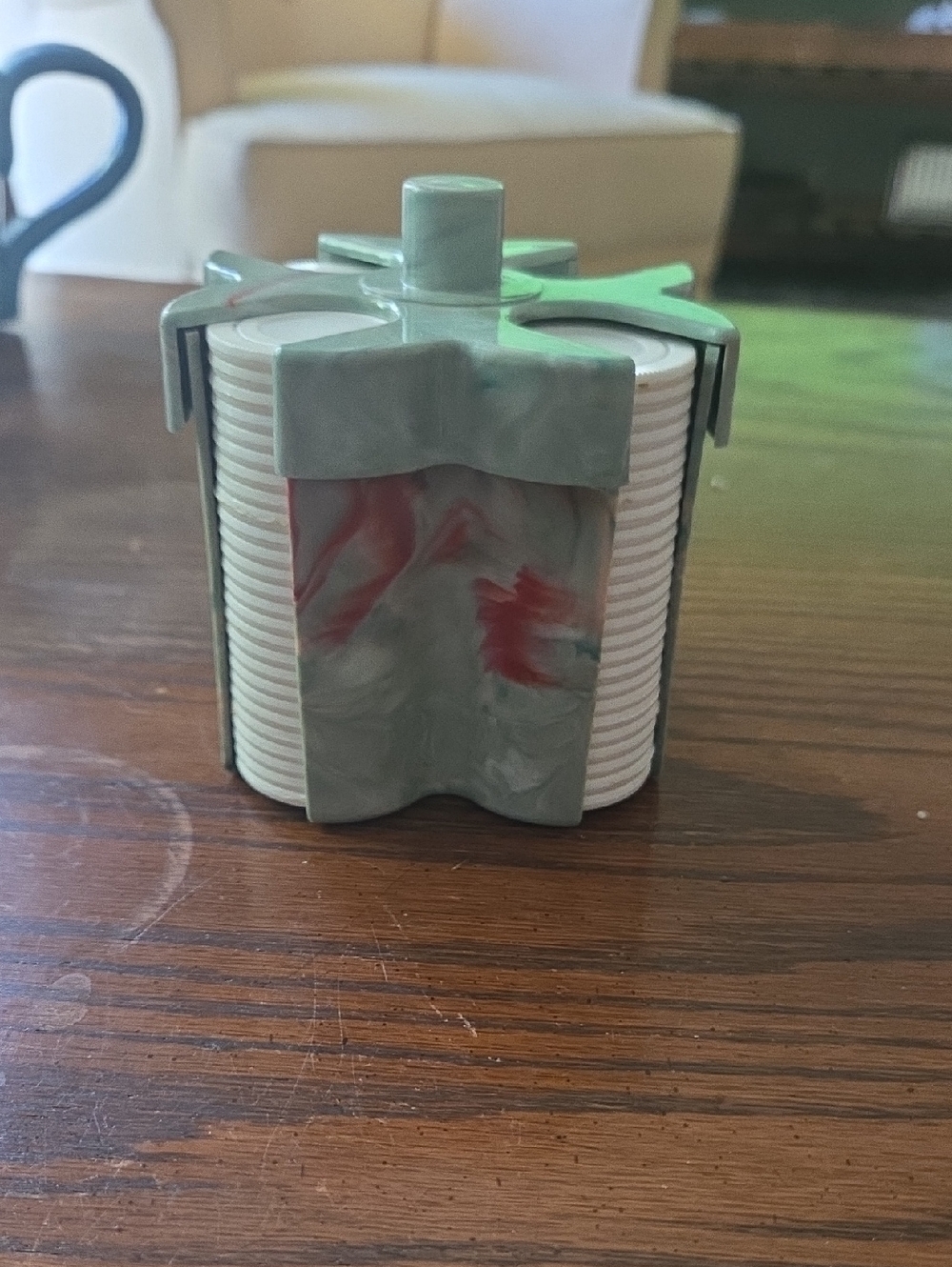 Vintage Marbled Green and Red Poker Chip Carousel with White Chips Pla-wood